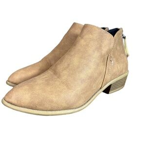 Tan Faux Suede Ankle Boots Low Heel Zip Back Booties Women’s Size 8